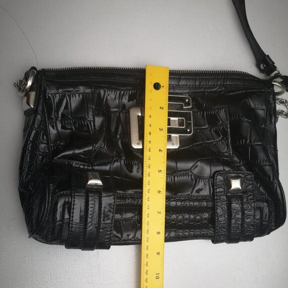 Guess Ladies Black Faux Leather Zipper Closure Chain Straps Hand/Shoulder Bag - Picture 9 of 10
